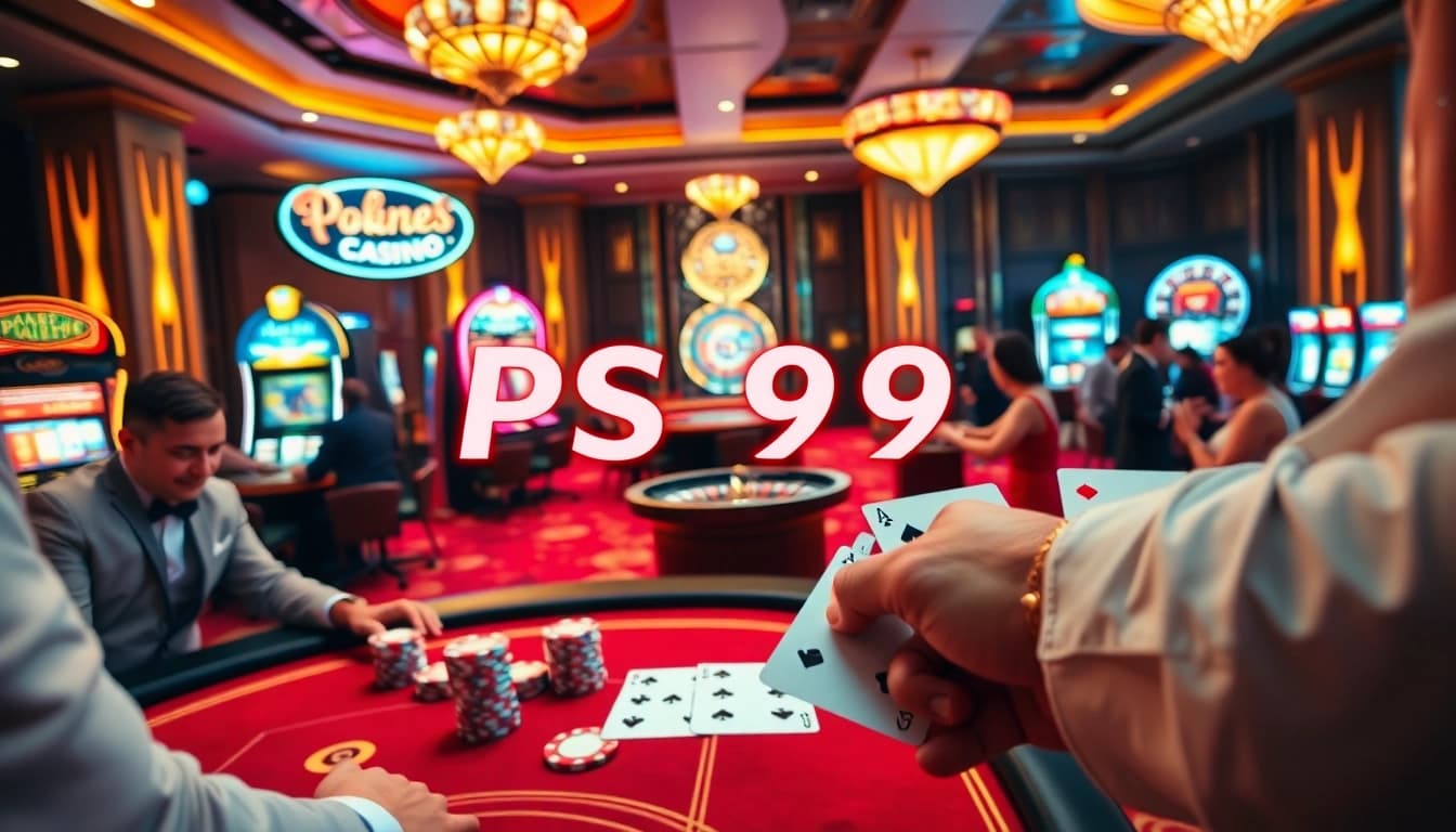 Winning at PS 99 poker table with elegant dealers and colorful chips.