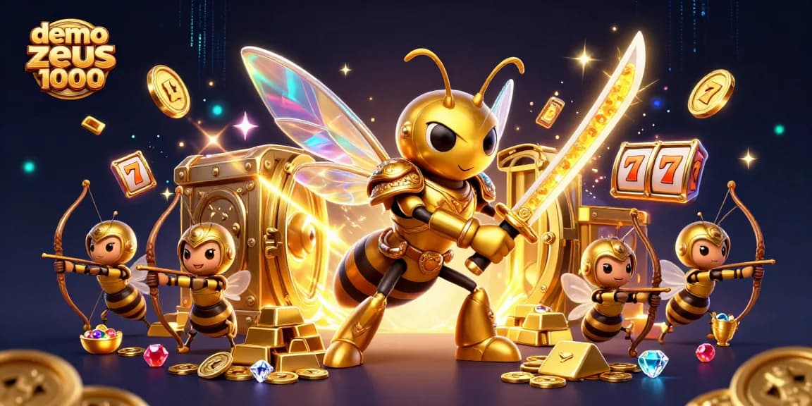 Play demo slot zeus 1000 with a dynamic scene featuring golden characters and vibrant casino elements.