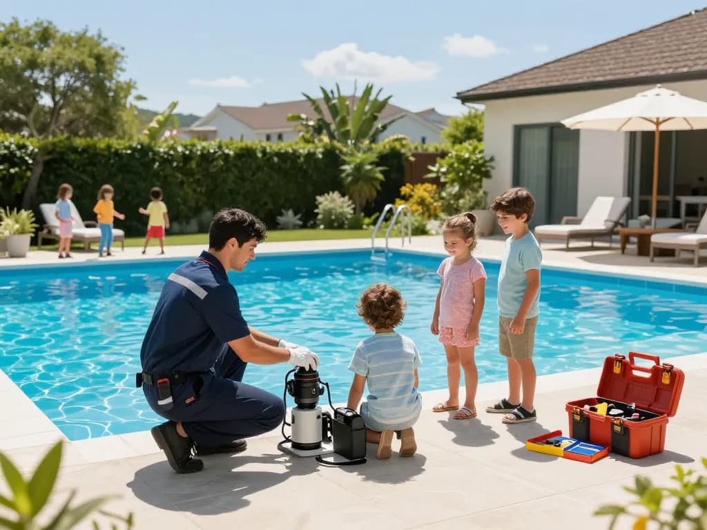 Dolphin Pool Services technician inspecting pool while family enjoys sunny backyard.