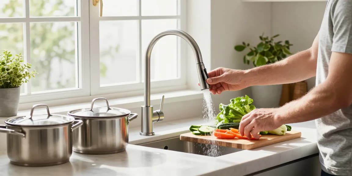 Modern kitchen faucets featured with homeowner preparing vegetables in bright kitchen.