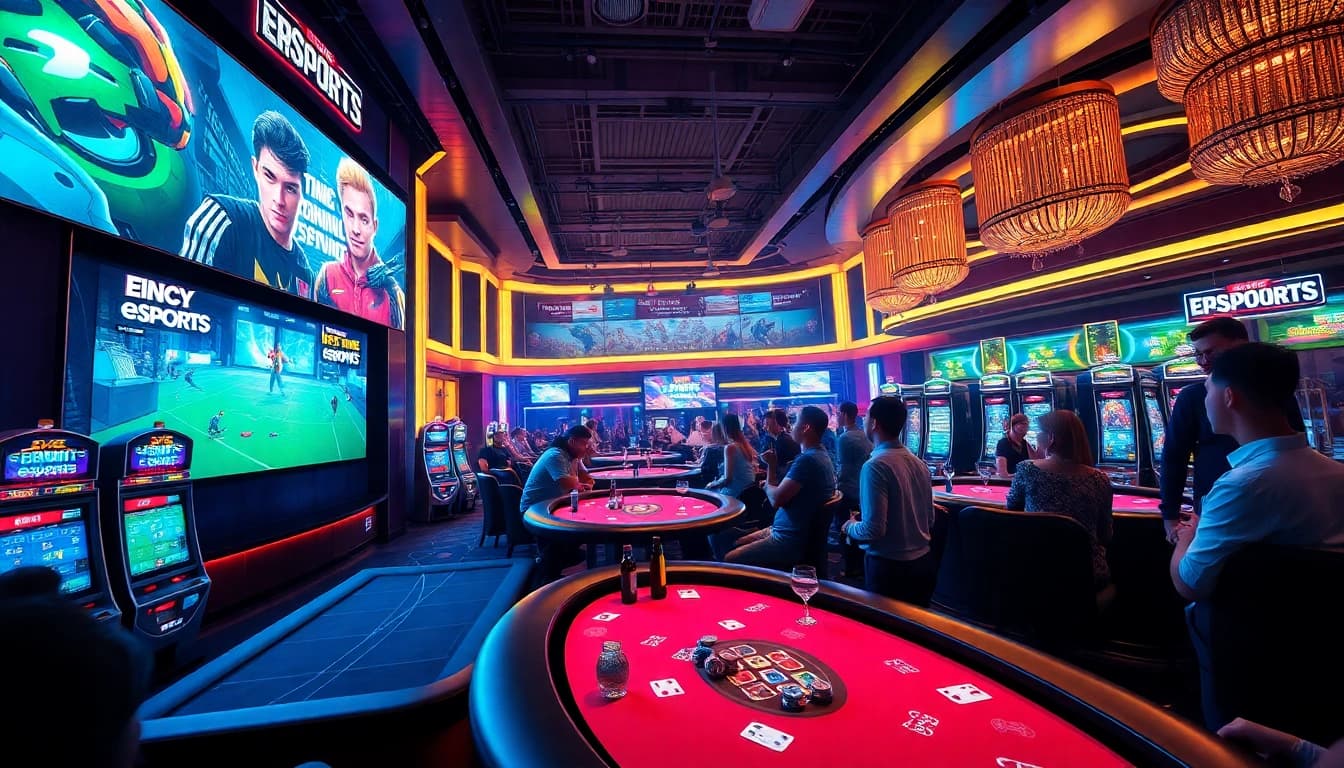 Engaged viewers placing bets on Trực tiếp esports events in a luxury casino setting.