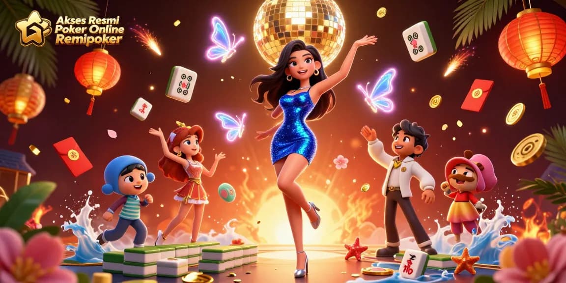 Akses Resmi Poker Online Remipoker showcases a glamorous casino scene with vibrant elements and casino-themed visuals.