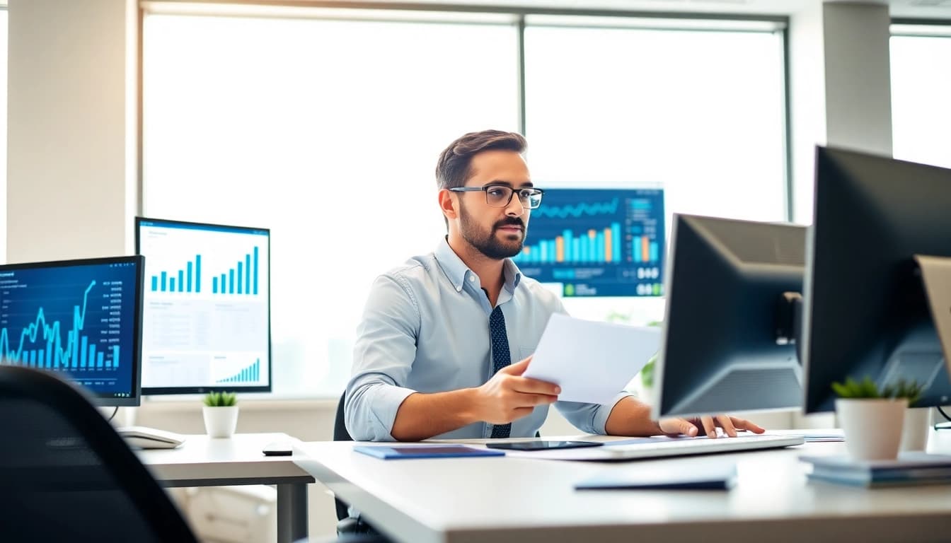 Improve Clearwater FL SEO with a professional consultant analyzing data in a modern office.
