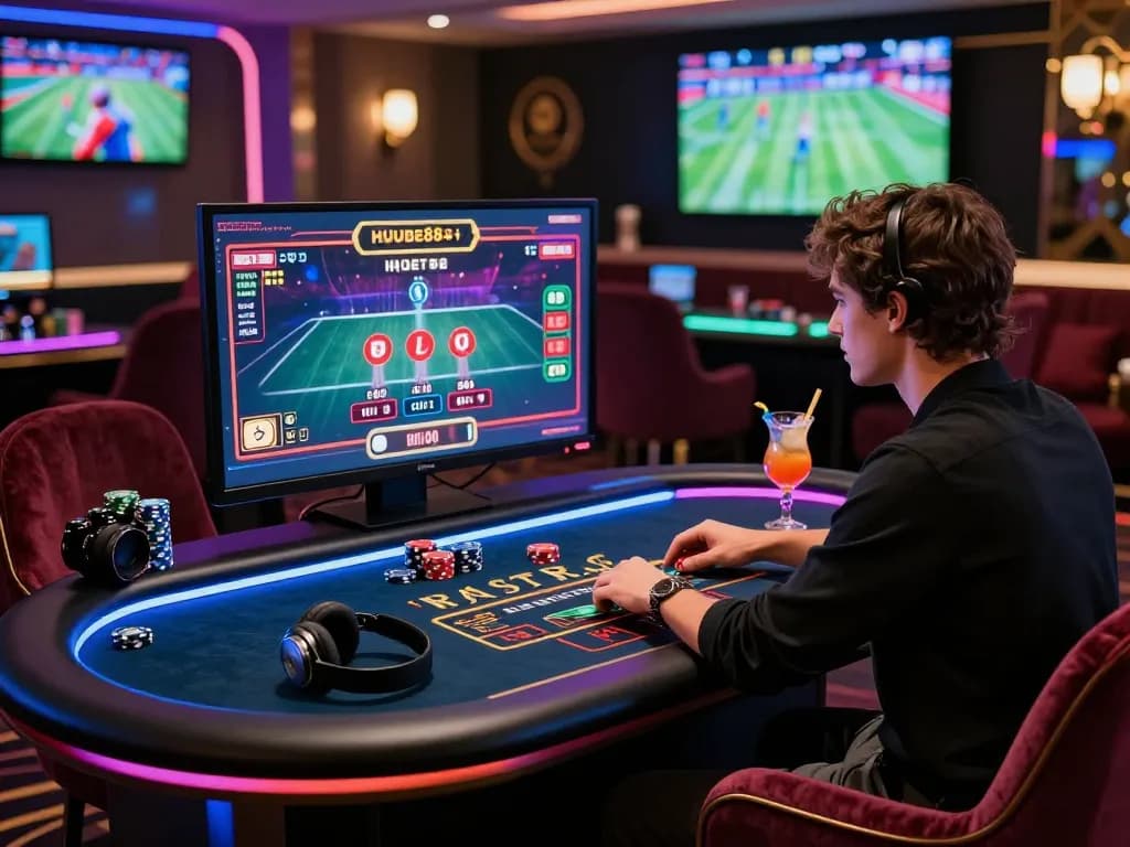 Exciting gaming atmosphere at casino hubet88 with player enjoying baccarat under ambient lighting.