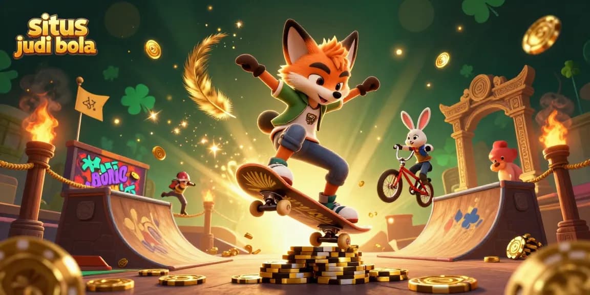 A vibrant illustration depicting situs judi bola with a 3D skateboarder fox and a BMX rabbit showcasing dynamic tricks near golden poker chips.