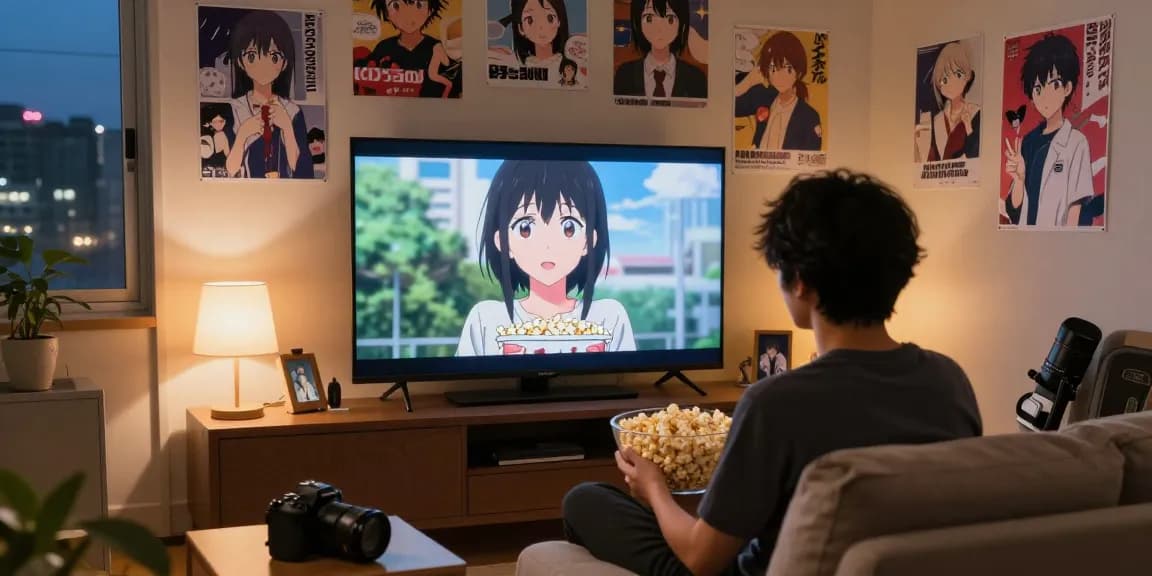 Penggemar anime menonton episode terbaru di animeplay dengan poster anime di sekitarnya.