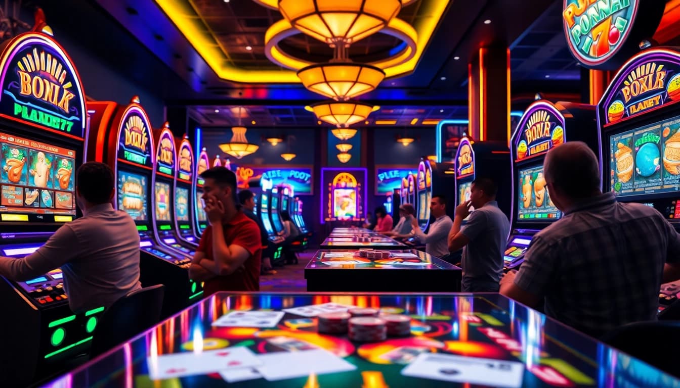 Menampilkan pengalaman bermain PLANET77 game dengan mesin slot berwarna cerah yang terinspirasi kasino.