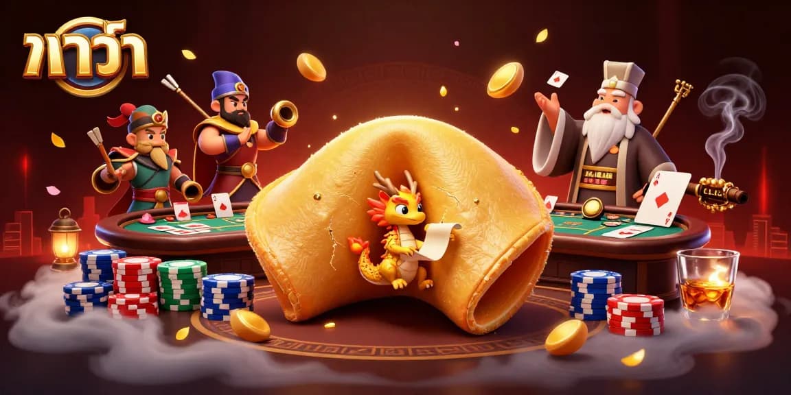 Baccarat scene with a golden cookie, dragon, and poker elements; immersive casino atmosphere.