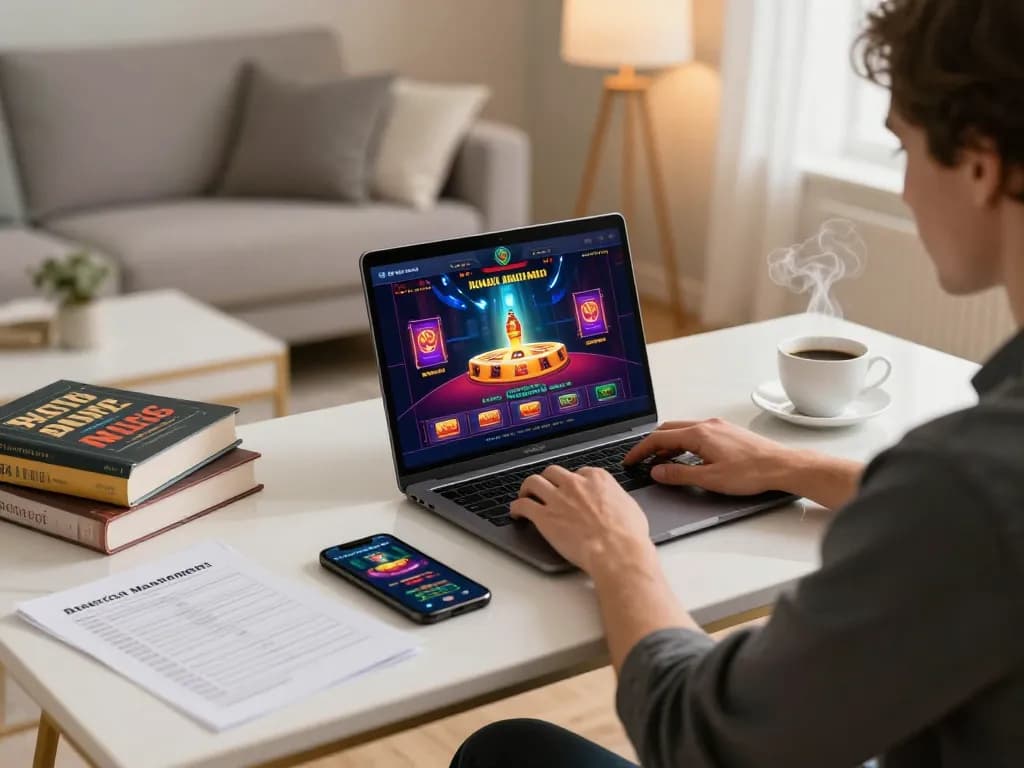 Engaging in casino online americani with laptop at home, showcasing a strategic gaming environment.
