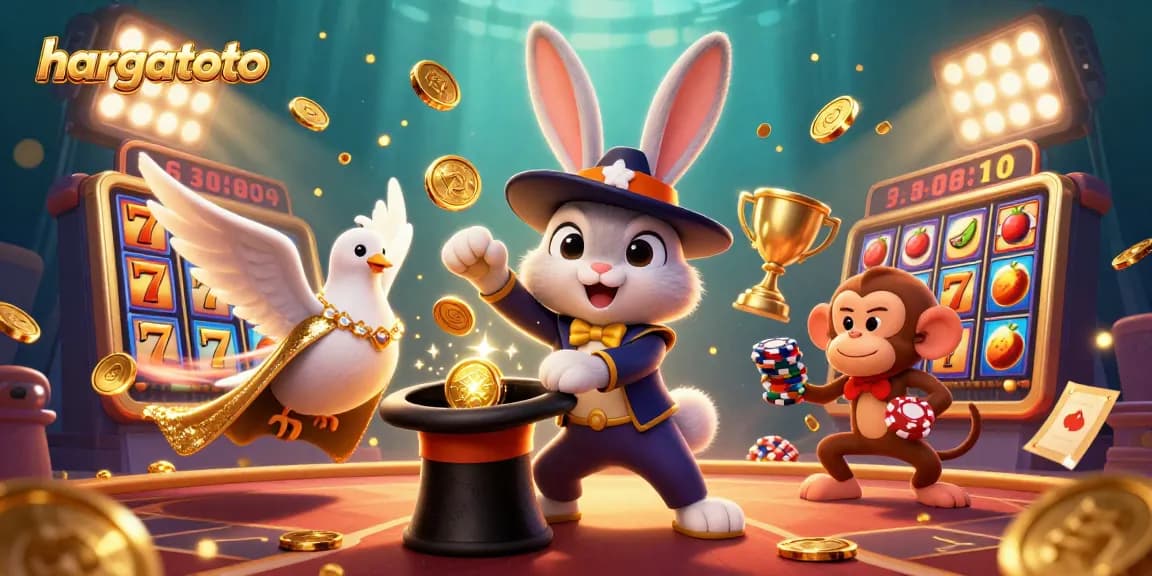 Experience excitement with hargatoto's magician rabbit revealing golden coins from a top hat in this vibrant casino scene.