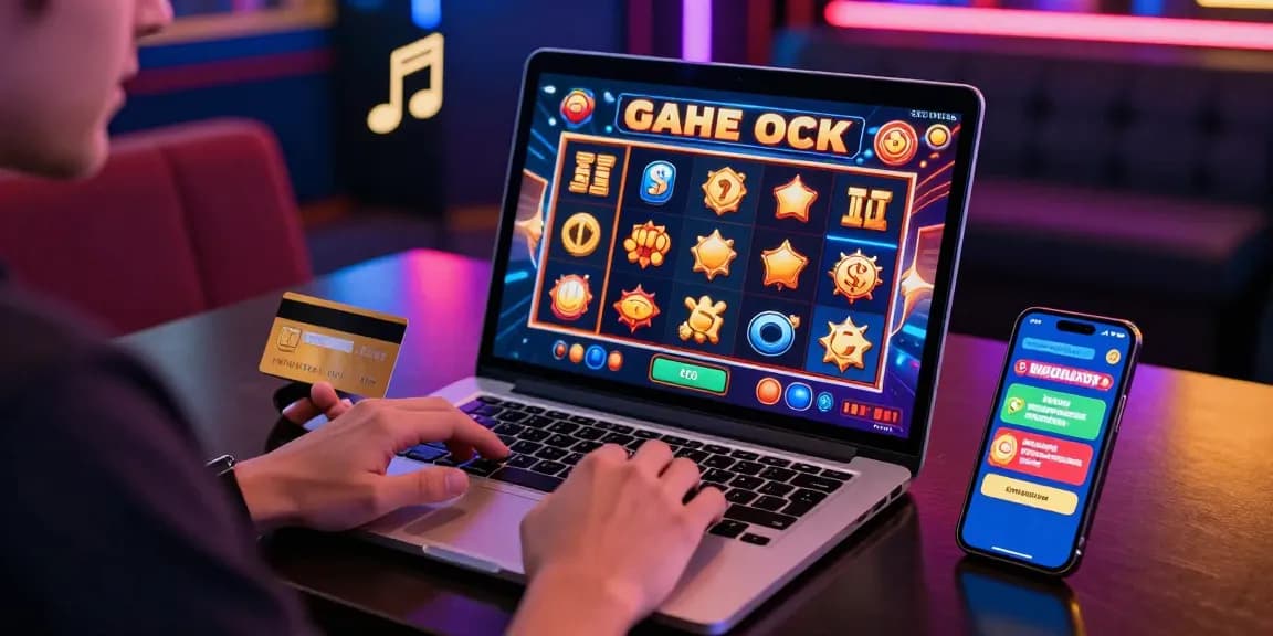 Player enjoying online gaming at casinos that accept credit cards with colorful graphics, credit card ready.