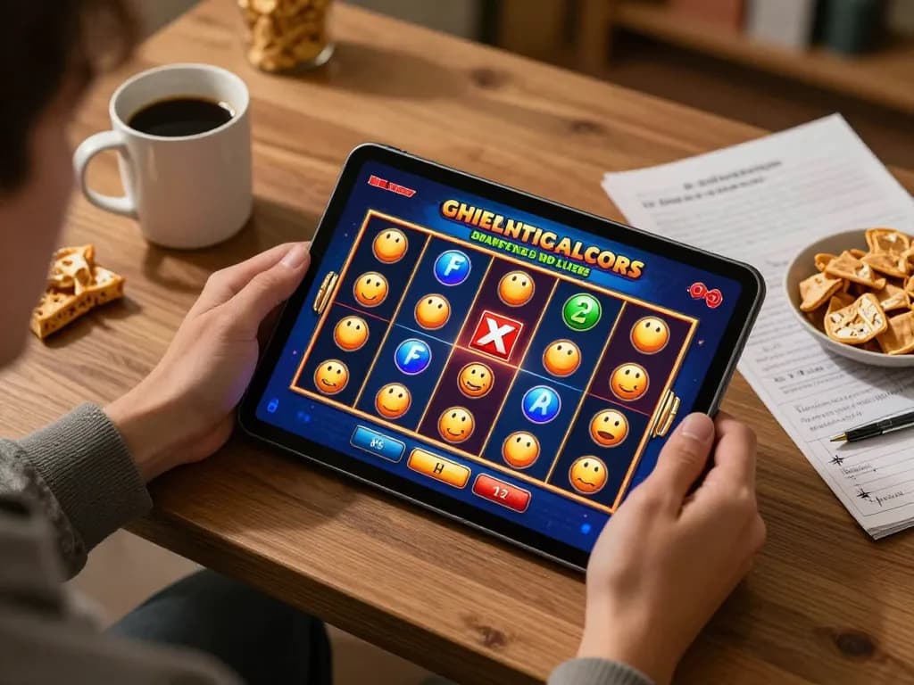 Engaging user plays exciting slot game on tablet in cozy home setting.
