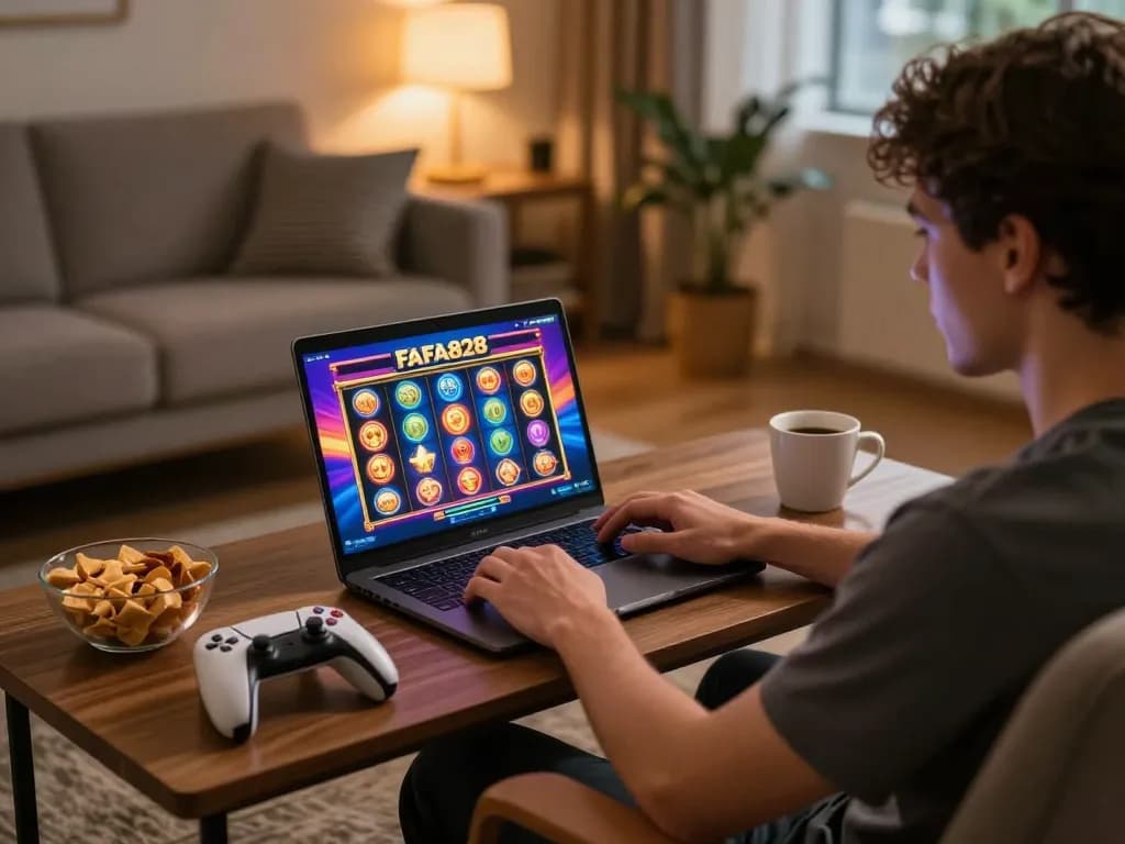 Playing an exciting FAFA828 slot game on a laptop, in a cozy home gaming setup with snacks and warm lighting.