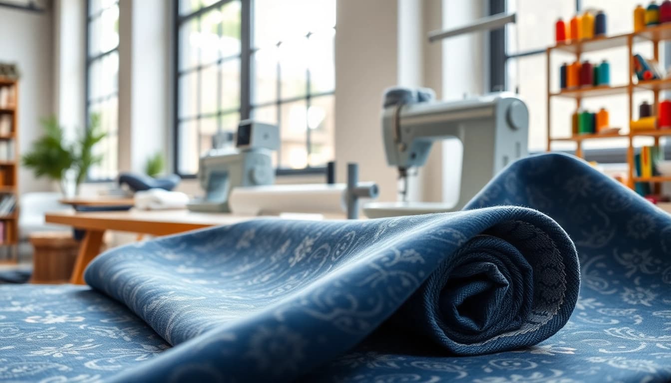 Punta di Roma kopen, elegant fabric displayed in a modern sewing environment.