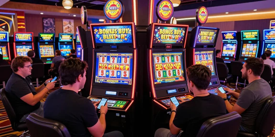 Experience thrilling Bonus Buy Slots gameplay at https://ampika.co.uk/, featuring diverse players enjoying vibrant animated reels and exciting in-casino atmosphere.