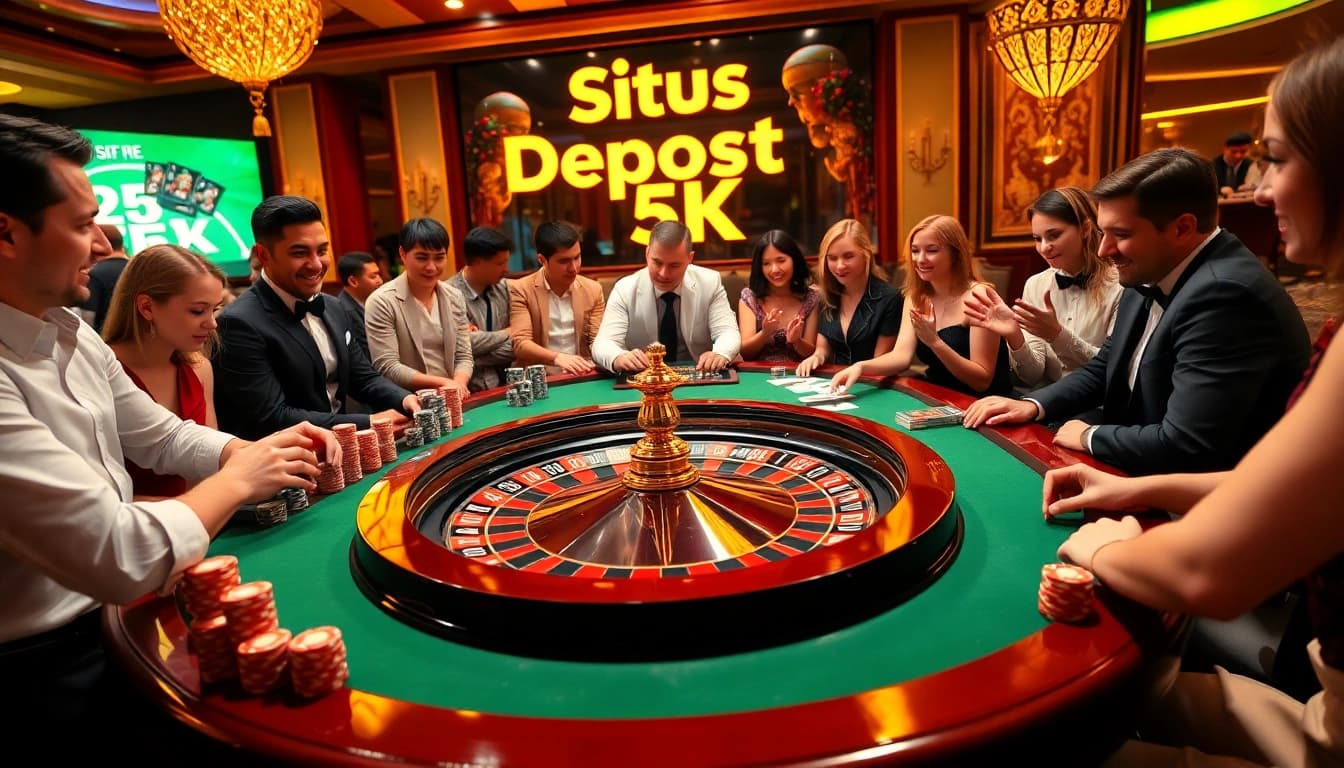 Situs deposit 5K terlihat dalam adegan kasino mewah yang menampilkan roulette, chip poker, dan pemain.
