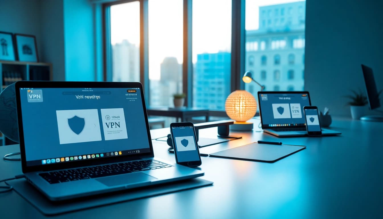 在时尚工作区的现代设备上显示的快连 VPN 界面。
