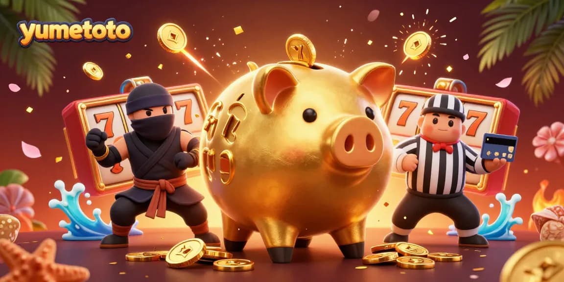 Menangkan jackpot seru di yumetoto dengan piggy bank emas besar dan elemen slot mengelilinginya.