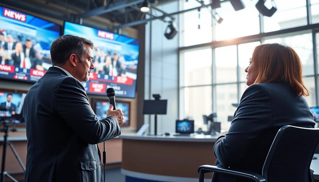 Captivating news coverage photography capturing a journalist reporting in a modern newsroom.