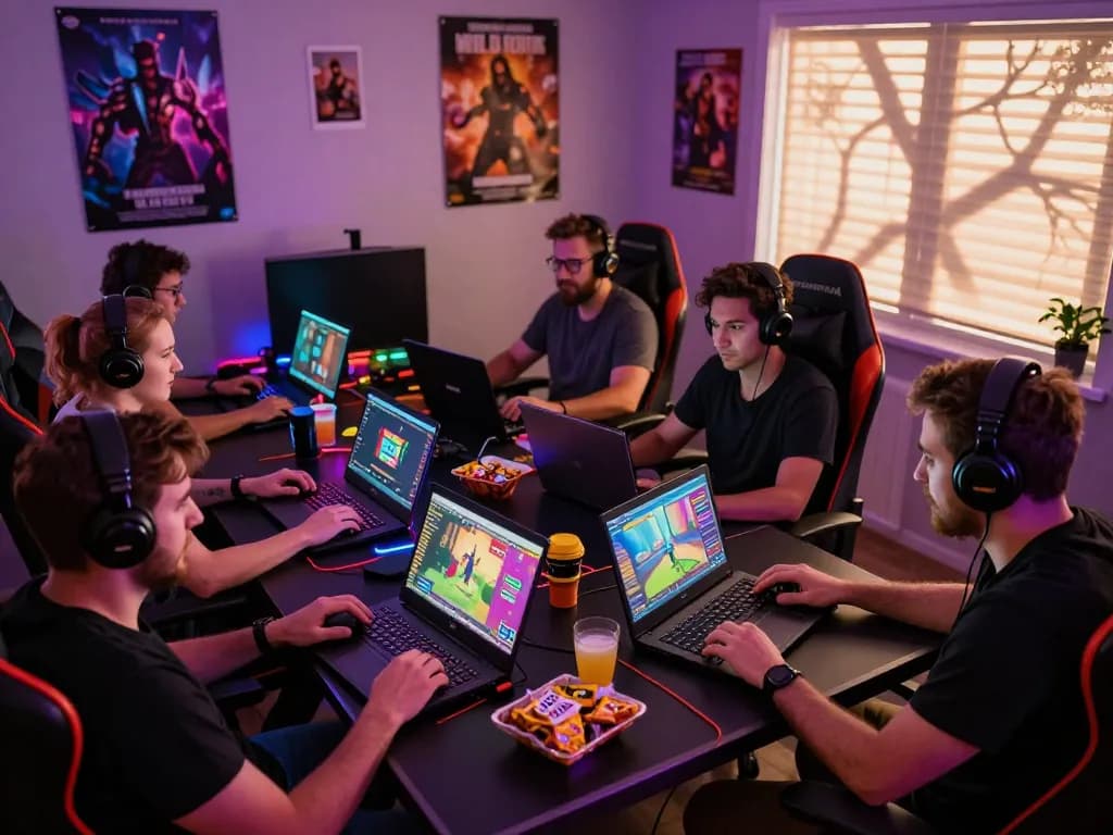 Adults enjoying HTML porn games on various devices in a vibrant gaming room.