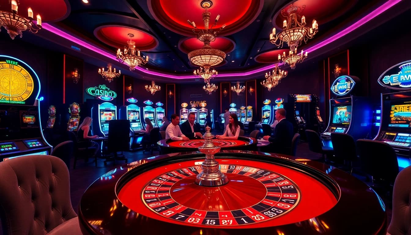 Vivez l'excitation des casinos en ligne France à une élégante table de roulette avec des joueurs enthousiastes.