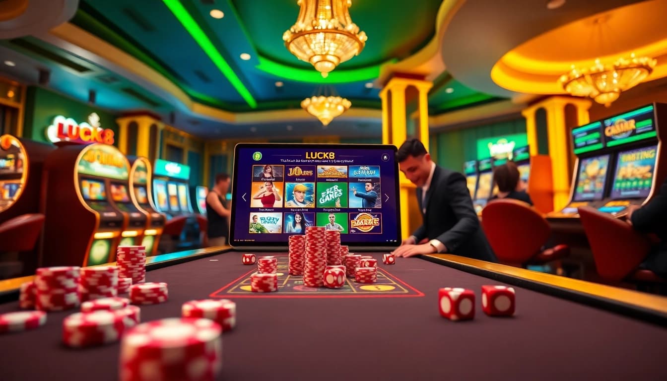 Experience the thrill of LUCK8 with a luxurious virtual casino showcasing vibrant games and elegant decor.