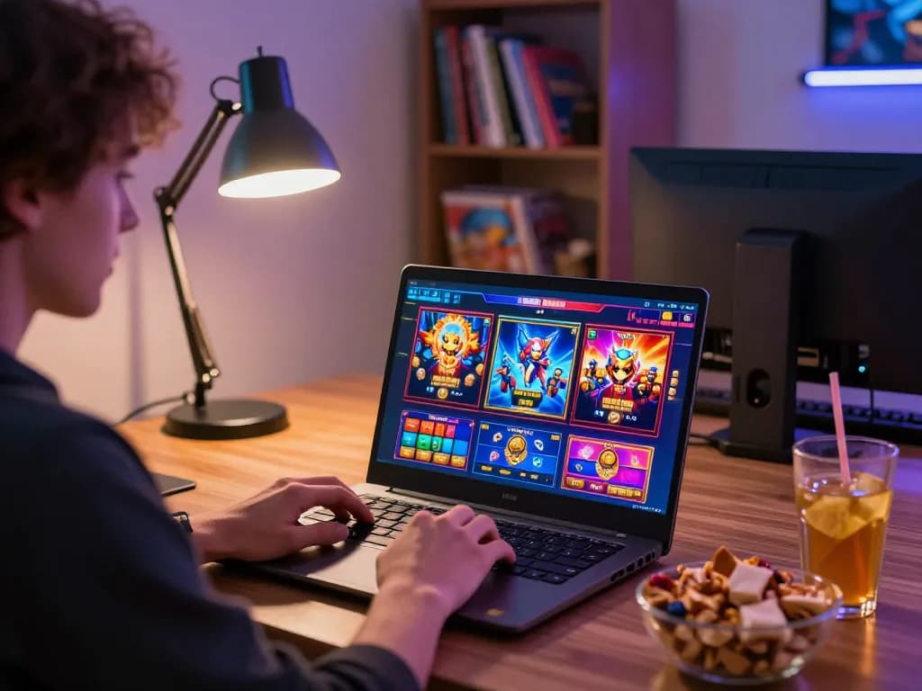 Engaging in slot online games from a cozy home setup with a laptop and snacks.