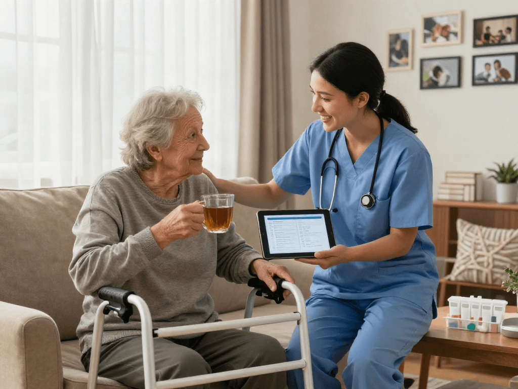 Bonus new member 100 offer showcased through a heartfelt homecare scene with caregiver assisting a senior.