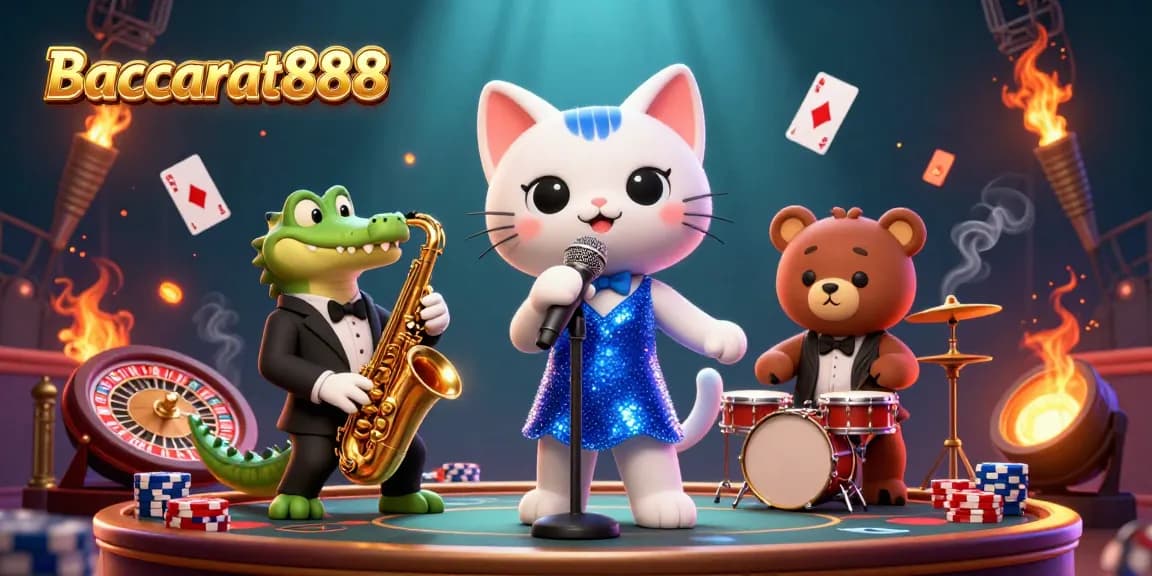 Baccarat888 offers exciting gameplay with a jazz-singer cat and casino elements in a vibrant 3D scene.