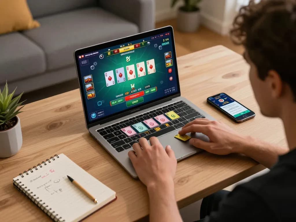 Player engaging with lc88 online casino live dealer game on laptop in cozy home setting.