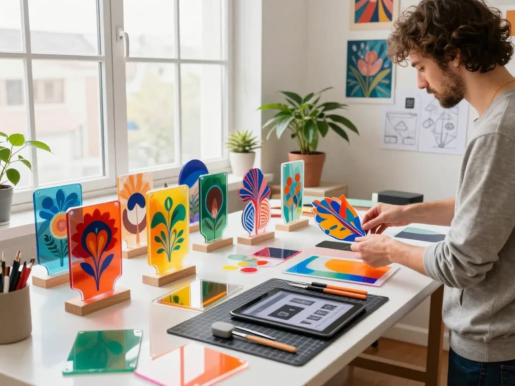 Colorful acrylic standee display in a creative workspace with artist arranging designs.