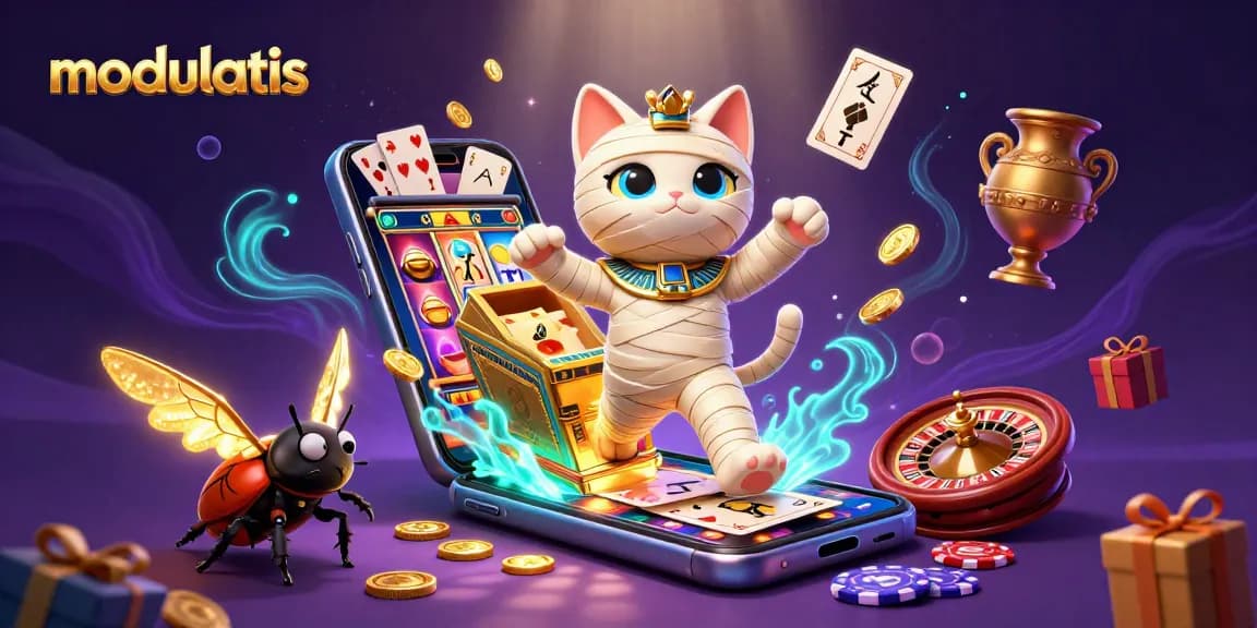Modulatis menampilkan kucing mumi 3D dan permainan slot interaktif di kasino piramida.