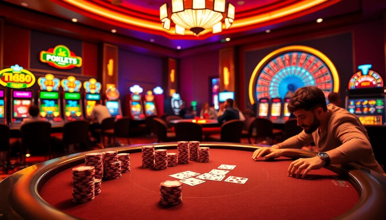 Experience the excitement of Tk88 at a vibrant casino poker table, complete with chips and cards.