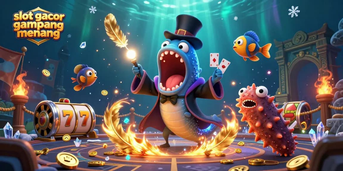 Engage in fun with slot gacor gampang menang, featuring vibrant underwater characters performing magical acts amidst casino elements.