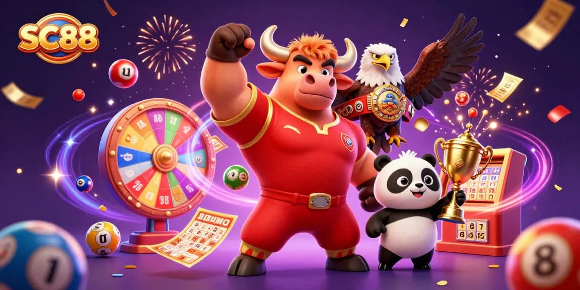 SC88 showcases a bull mascot celebrating with winnings in a vibrant casino scene.