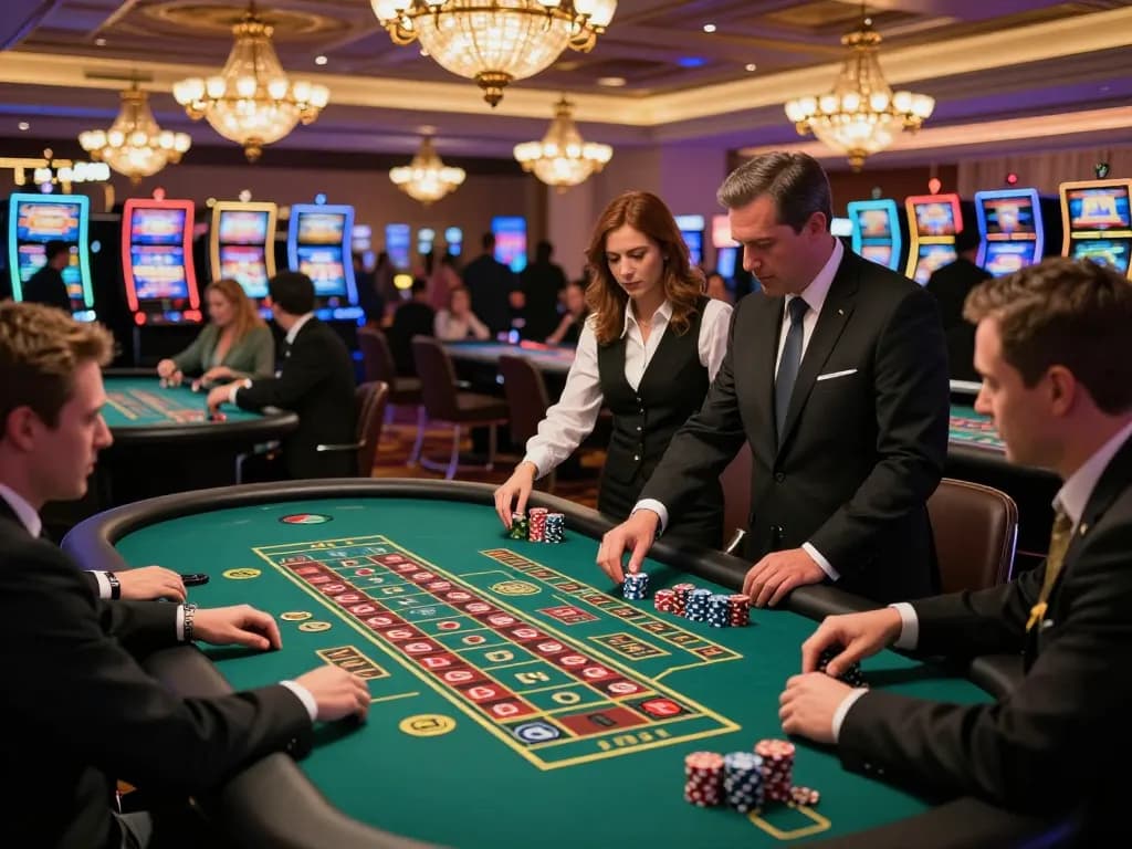 Players enjoying top quality widgets at a lively roulette table in a Las Vegas casino, showcasing excitement and strategic betting.