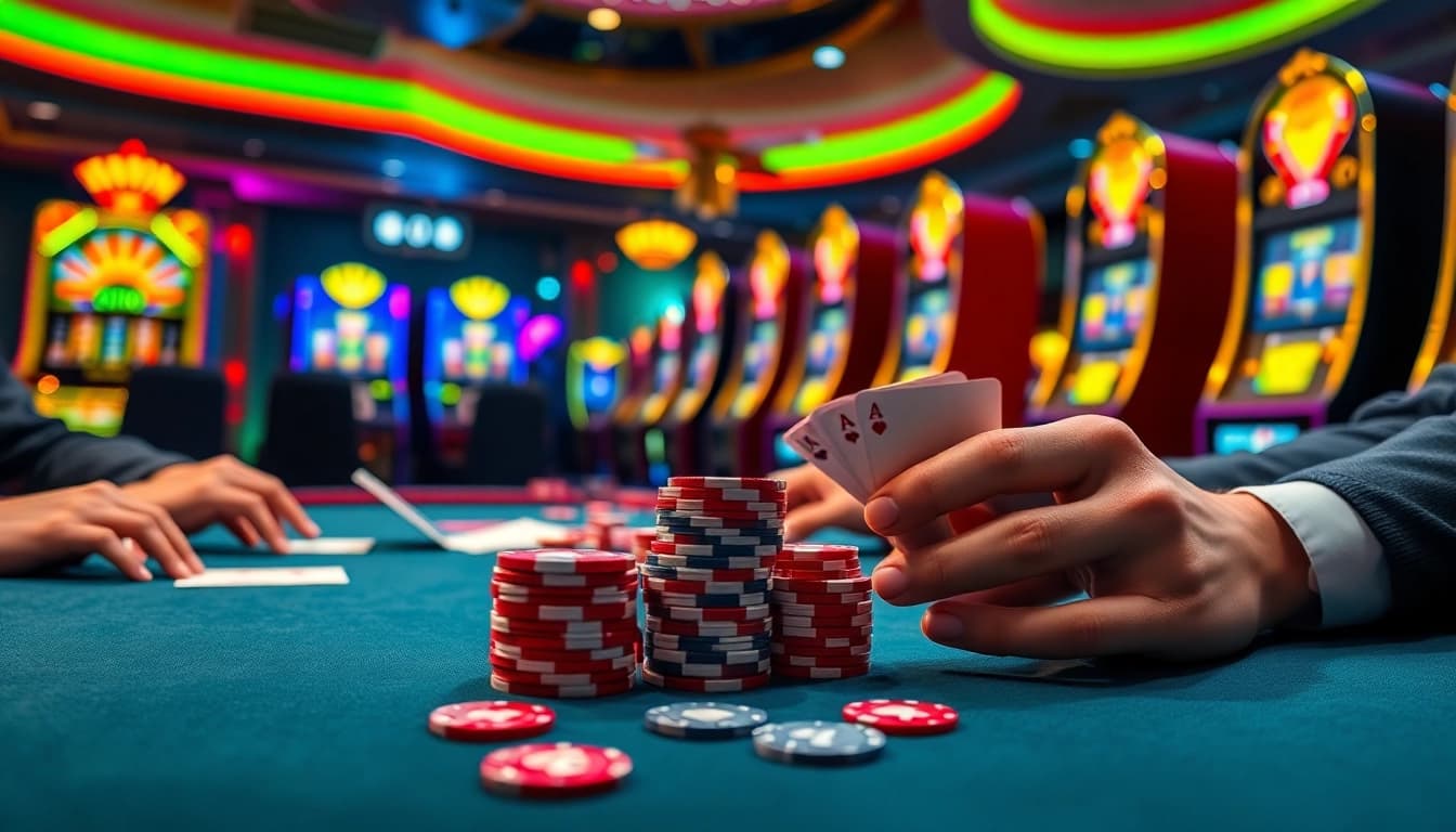 Menangkan permainan ibet44 di meja poker dengan suasana kasino yang energik.