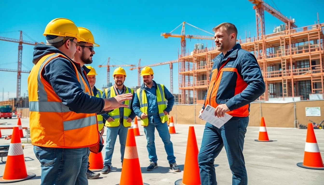 Construction safety training session with professionals demonstrating proper safety measures on site.