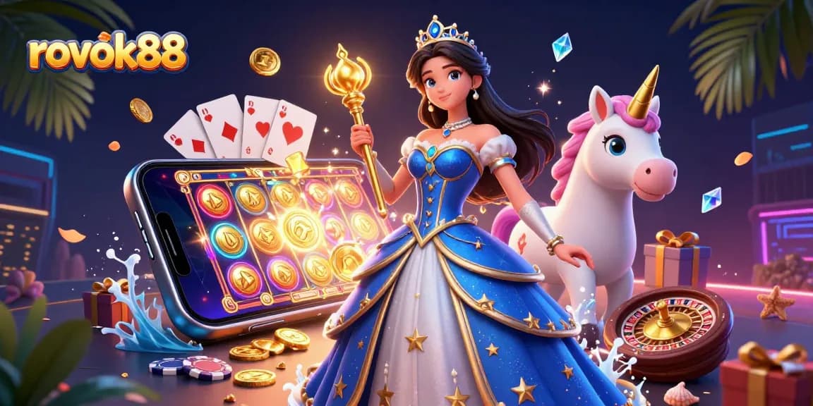 Experience excitement with rokok88 in a vibrant 3D casino scene featuring a stunning ball gown and a unicorn.