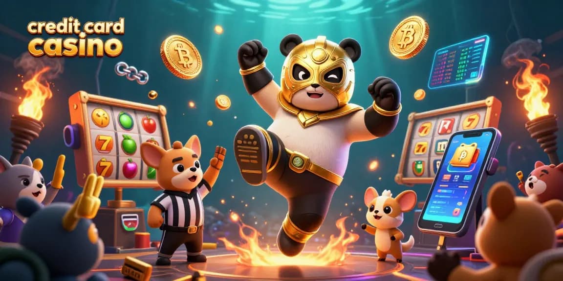 Cartoon panda wrestler performing a kick at a credit card casino with excited animal spectators.