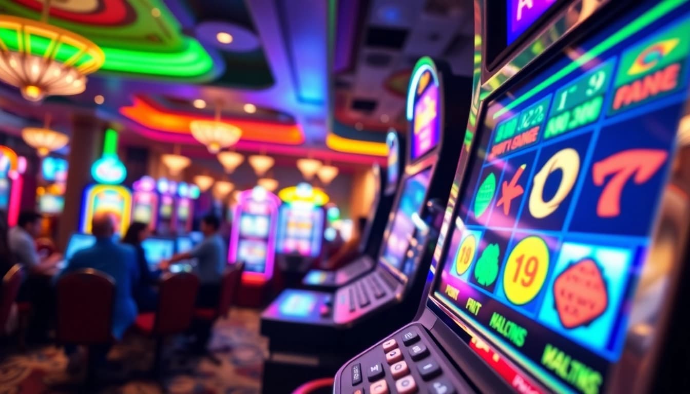 Bandar slot yang berwarna-warni menarik perhatian dengan lampu neon yang bersinar.