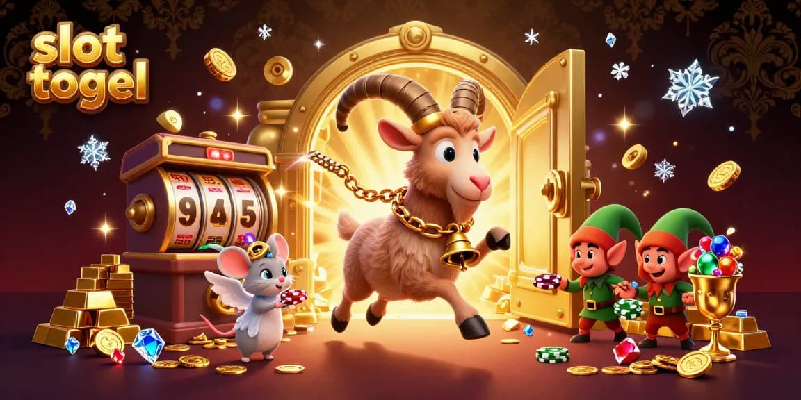 Experience the excitement of slot togel as festive 3D characters navigate a vibrant casino, filled with treasures.