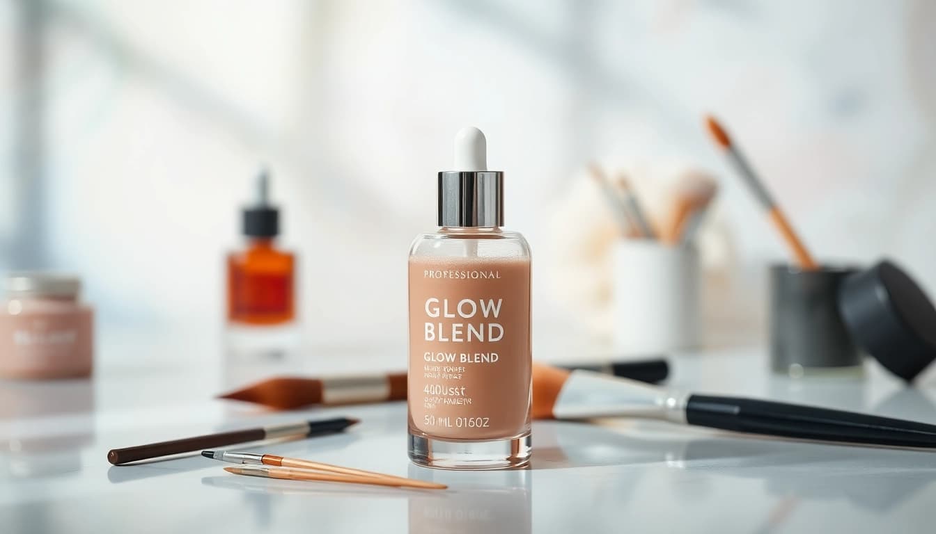 Enhance your skin with Glow Blend—an elegant skincare product showcased in a serene studio setting.