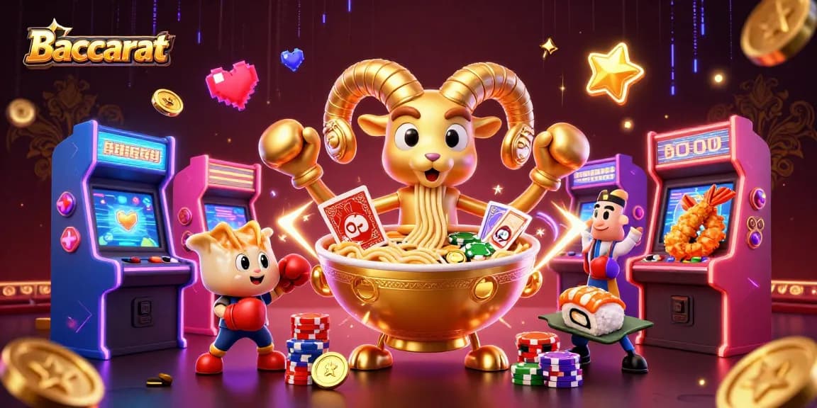 Engage in Baccarat with a vibrant scene featuring animated characters and casino elements.