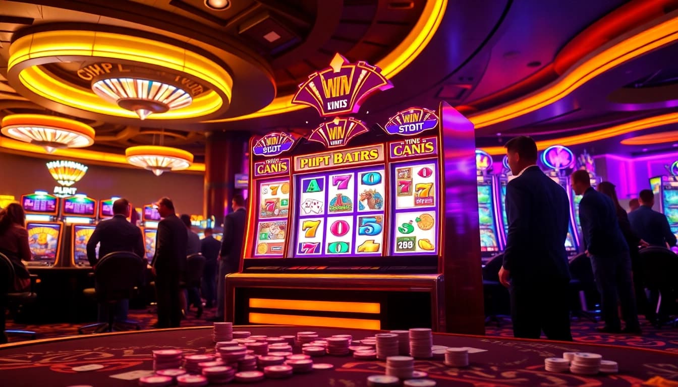 Slot77, mesin slot berwarna-warni di kasino yang ramai dan penuh kegembiraan.