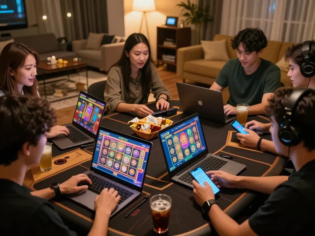 Players enjoying judi slot games on laptops and smartphones in a vibrant home setting.
