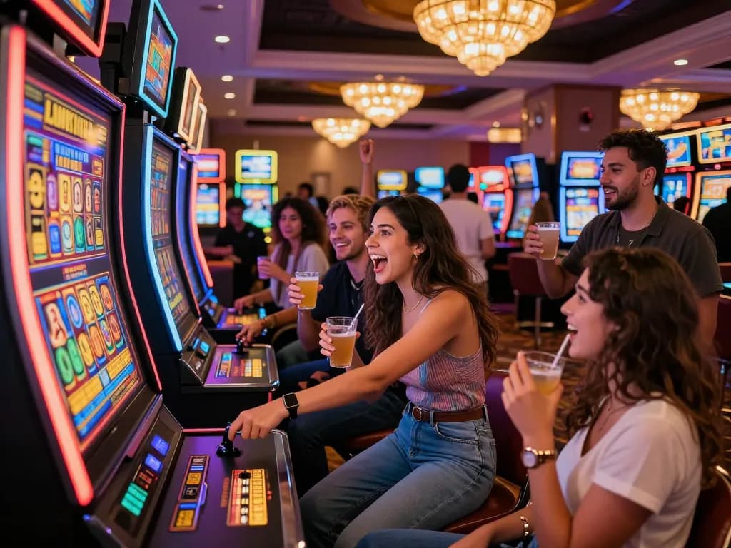 Kumpulan yang menarik di sekitar mesin link slot di kasino yang ramai.