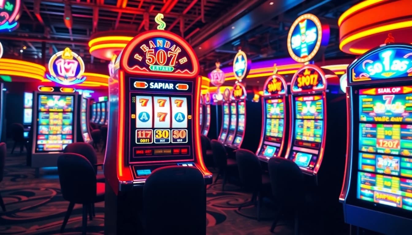 Menampilkan bandar slot dengan jackpot yang dimenangkan di kasino, menciptakan atmosfer yang meriah.