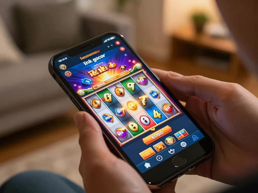 Spinning the reels on a vibrant mobile app showcasing link gacor feature, capturing excitement in online gaming.