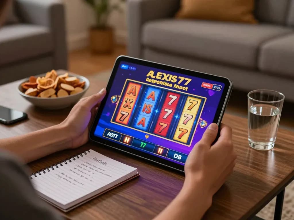 Engaging in alexis77 slot on a tablet while enjoying snacks and drinks in a cozy home setting.